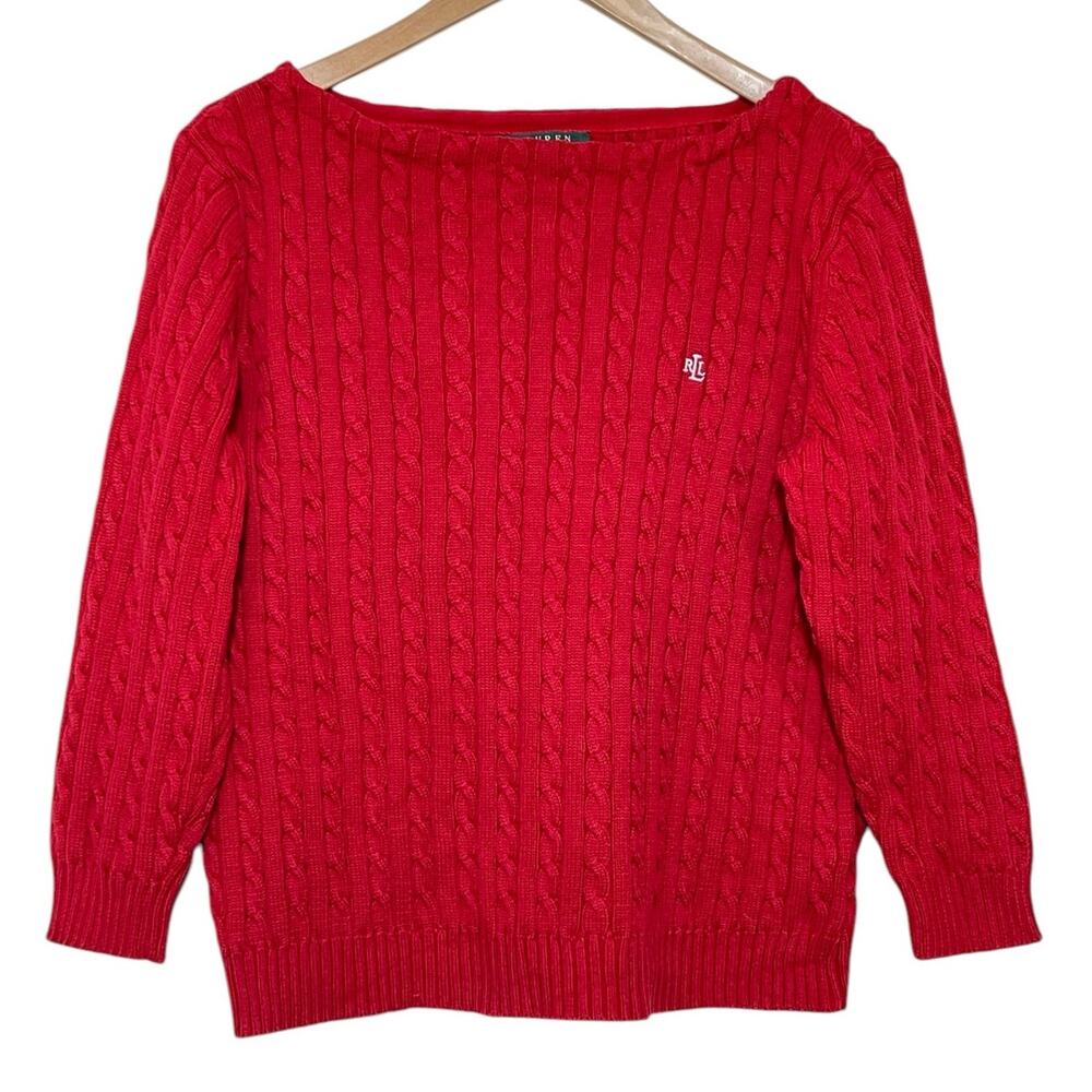 Lauren Ralph Lauren Women's XL Red 3/4 Sleeve Cable Knit Boat Neck Sweater